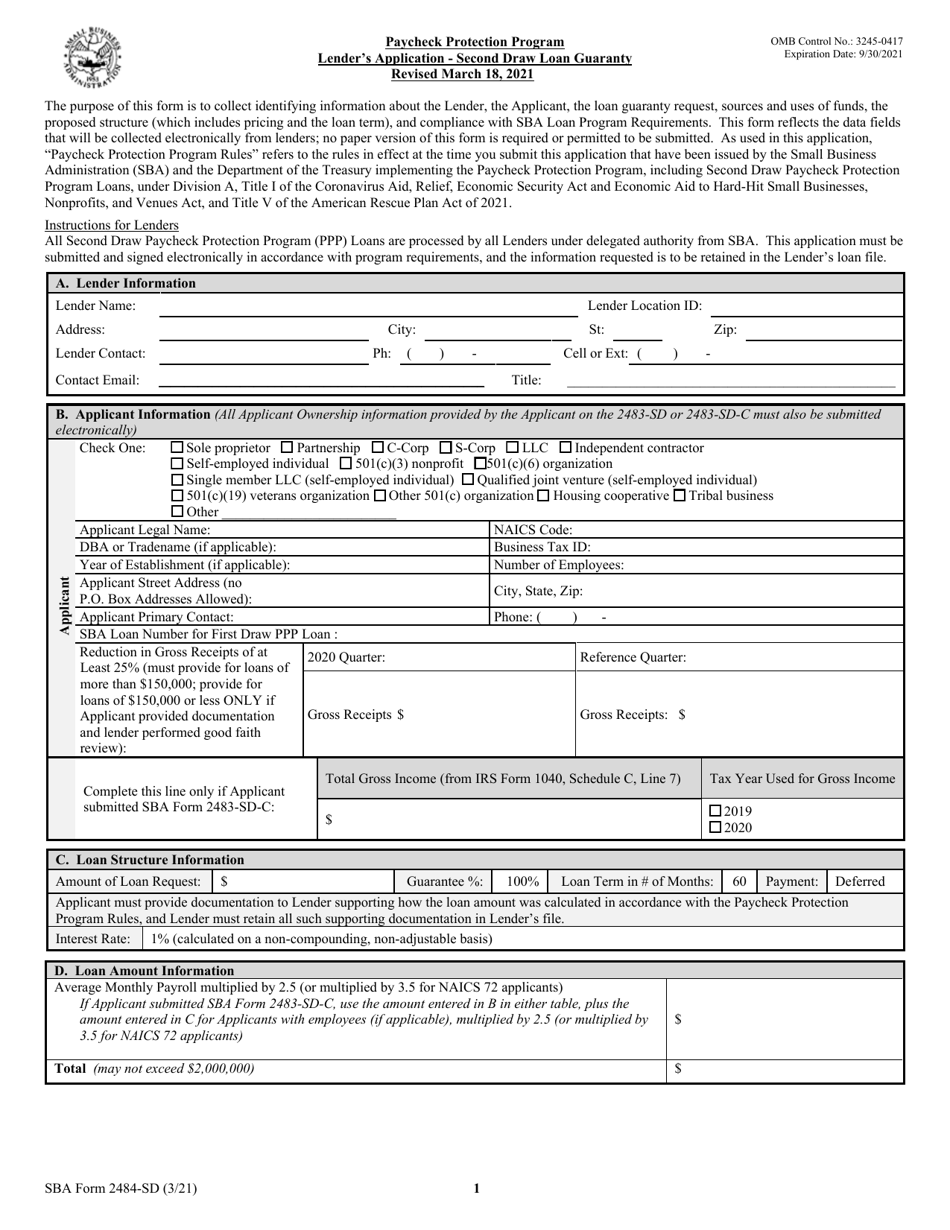 SBA Form 2484-SD PPP Second Draw Lender Application Form, Page 1