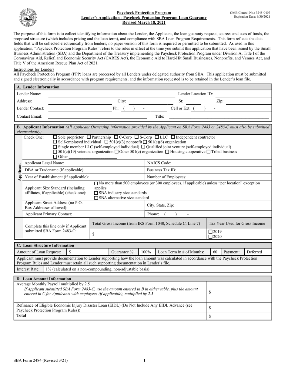 SBA Form 2484 Lenders Application - Paycheck Protection Program Loan Guaranty, Page 1