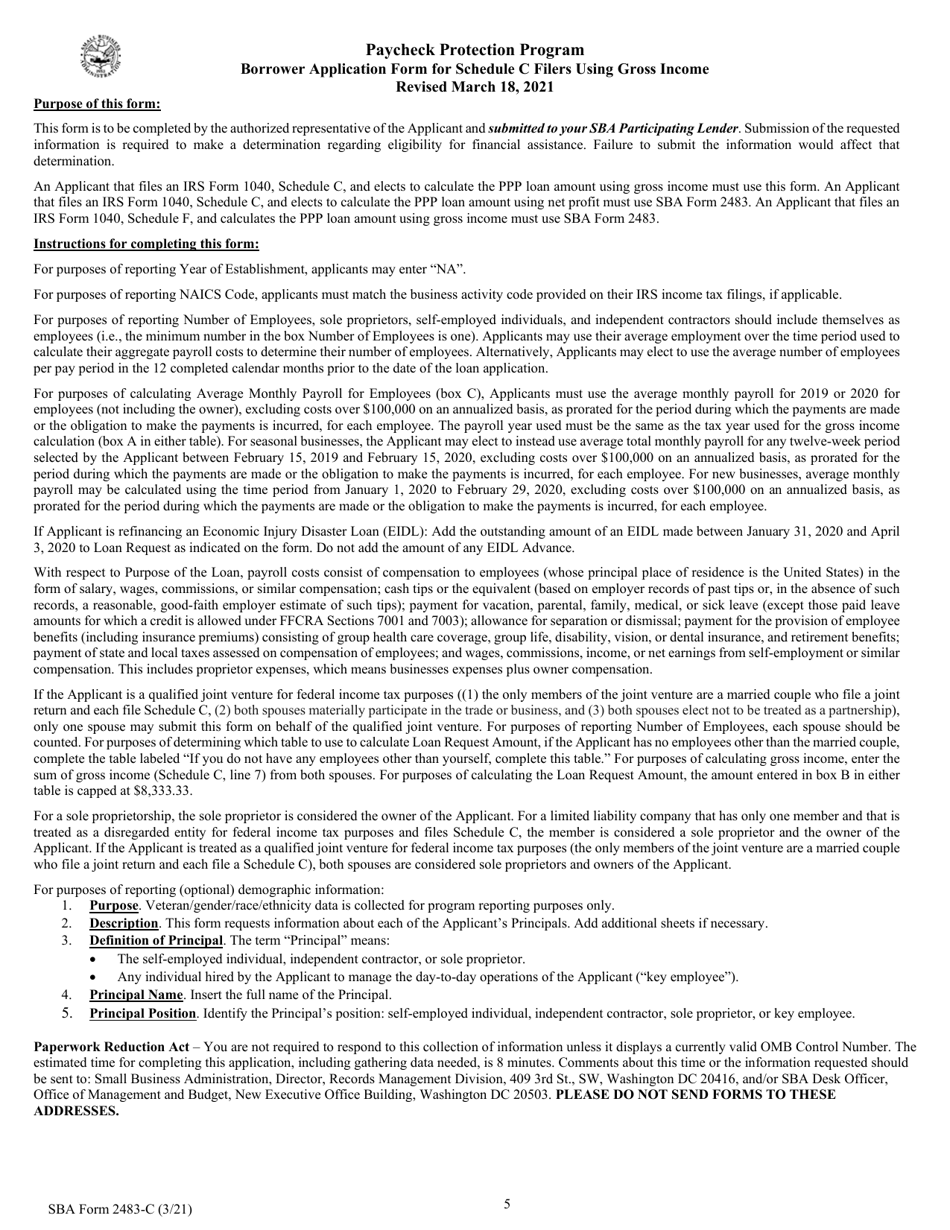 SBA Form 2483-C Borrower Application Form for Schedule C Filers Using Gross Income, Page 5