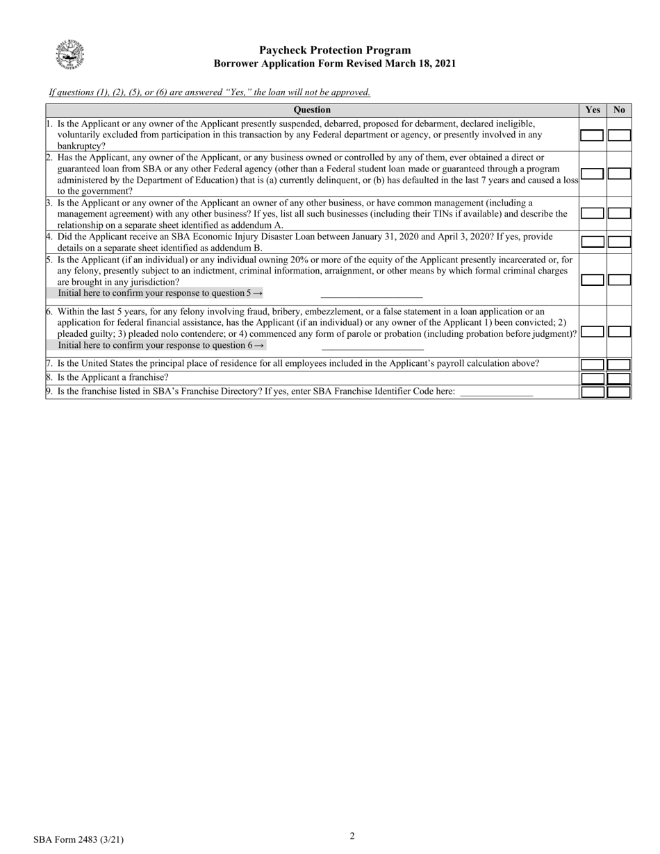 SBA Form 2483 Download Fillable PDF or Fill Online PPP First Draw ...