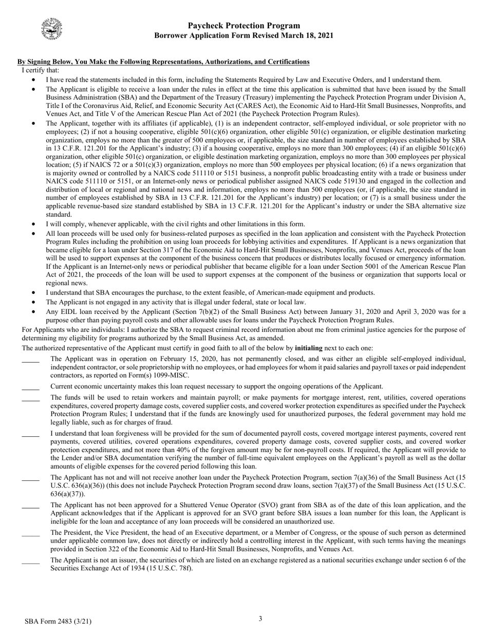 SBA Form 2483 PPP First Draw Borrower Application Form, Page 3