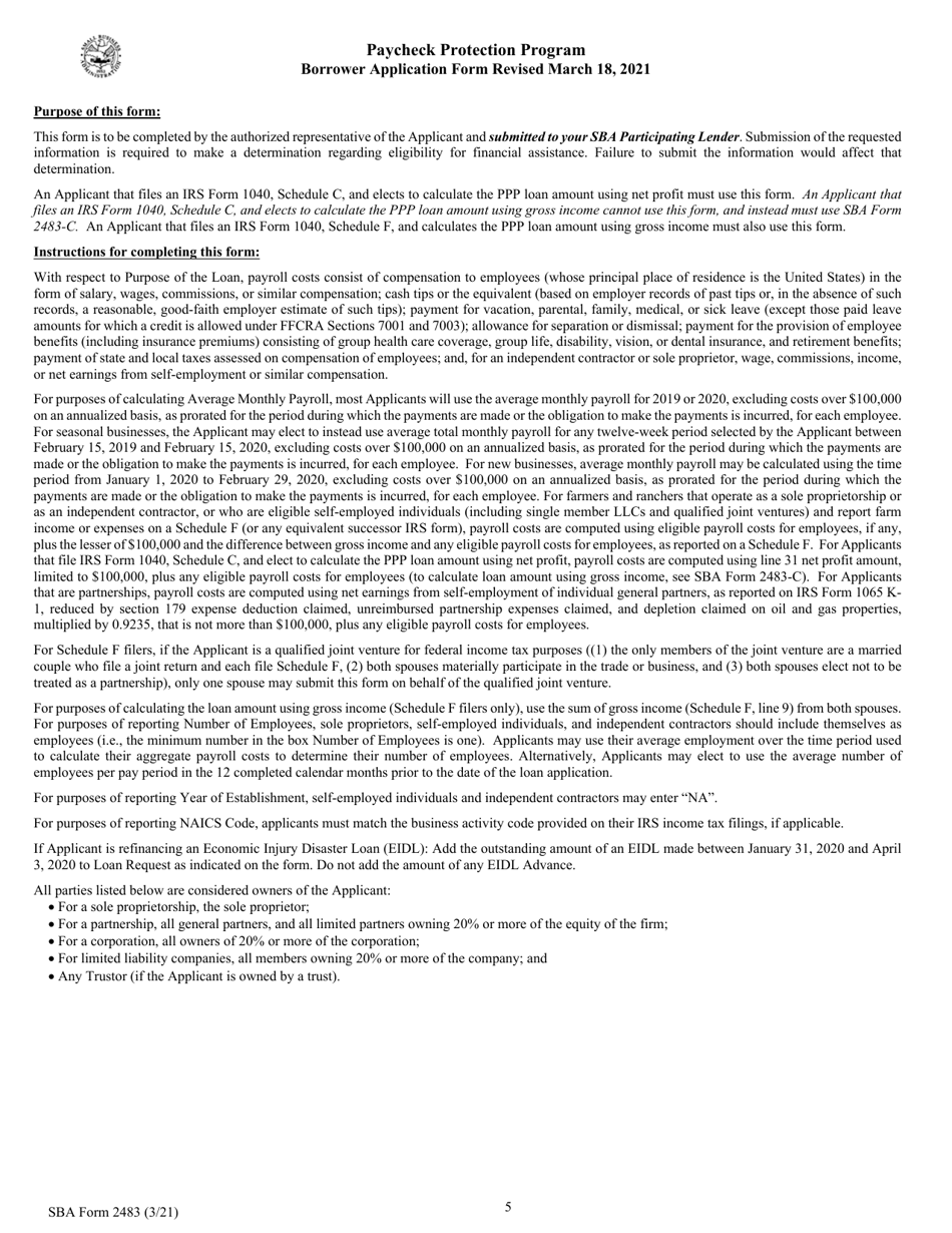 SBA Form 2483 PPP First Draw Borrower Application Form, Page 5