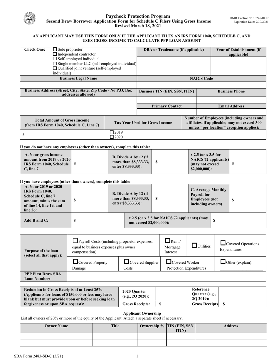 SBA Form 2483-SD-C Second Draw Borrower Application Form for Schedule C Filers Using Gross Income, Page 1