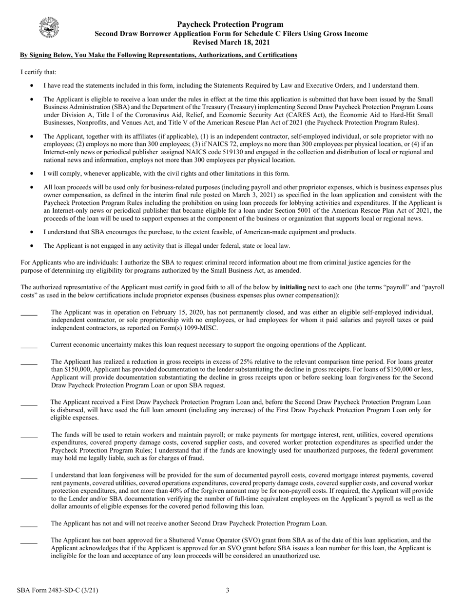 SBA Form 2483-SD-C Second Draw Borrower Application Form for Schedule C Filers Using Gross Income, Page 3