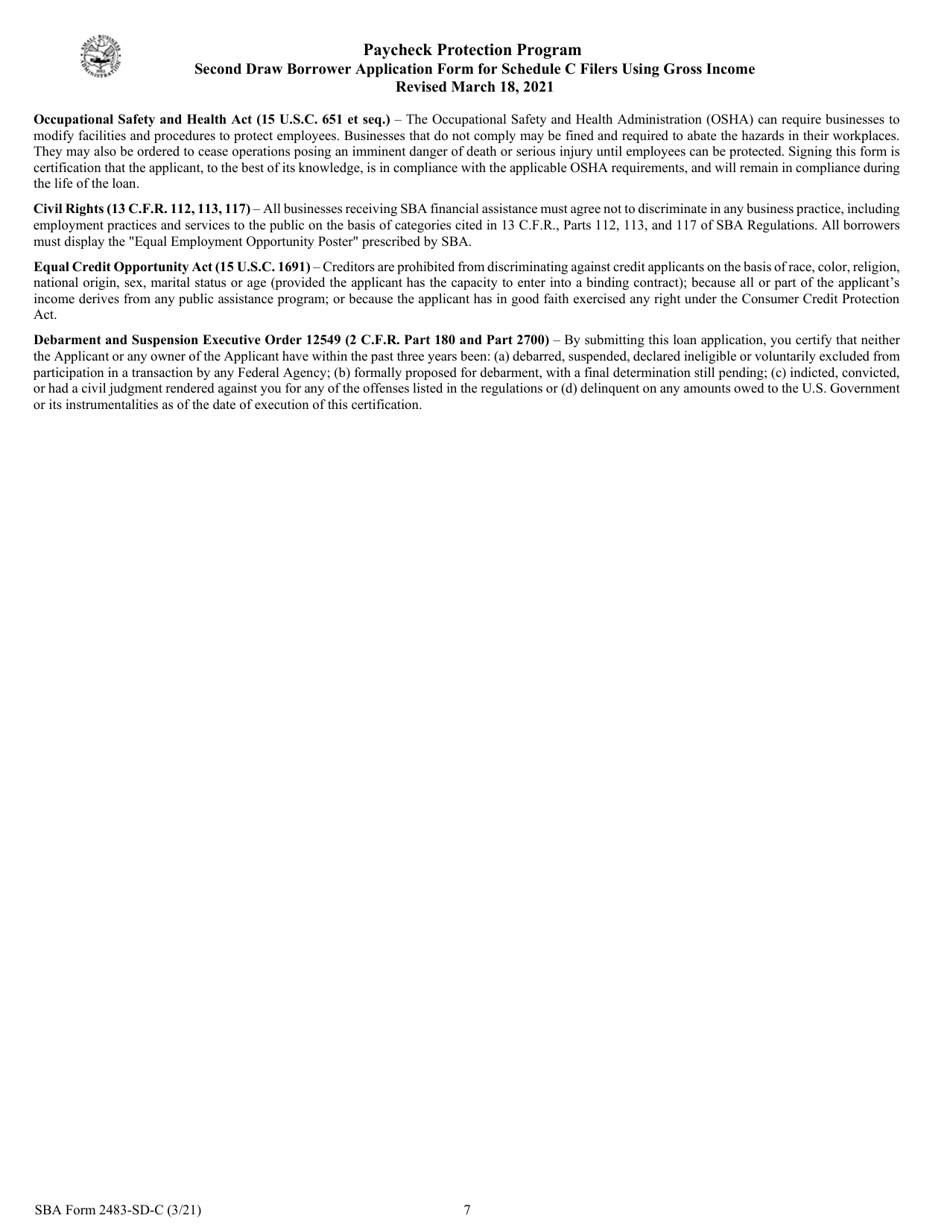 SBA Form 2483-SD-C Second Draw Borrower Application Form for Schedule C Filers Using Gross Income, Page 7