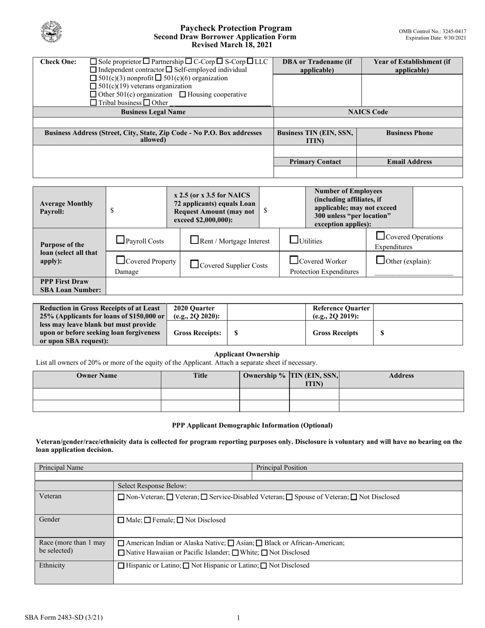 SBA Form 2483-SD Paycheck Protection Program Second Draw Loan Borrower Application Form, Page 1