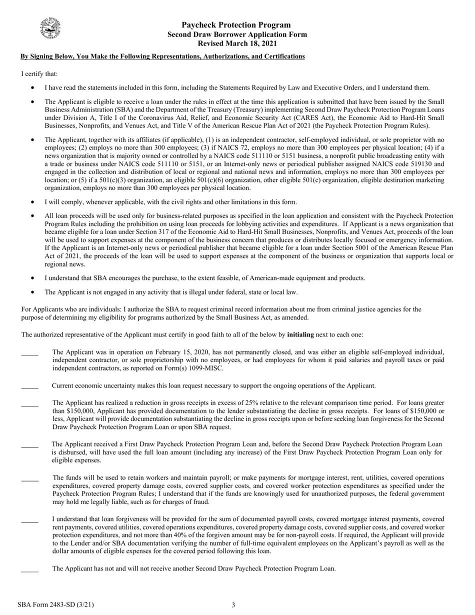 SBA Form 2483-SD Paycheck Protection Program Second Draw Loan Borrower Application Form, Page 3