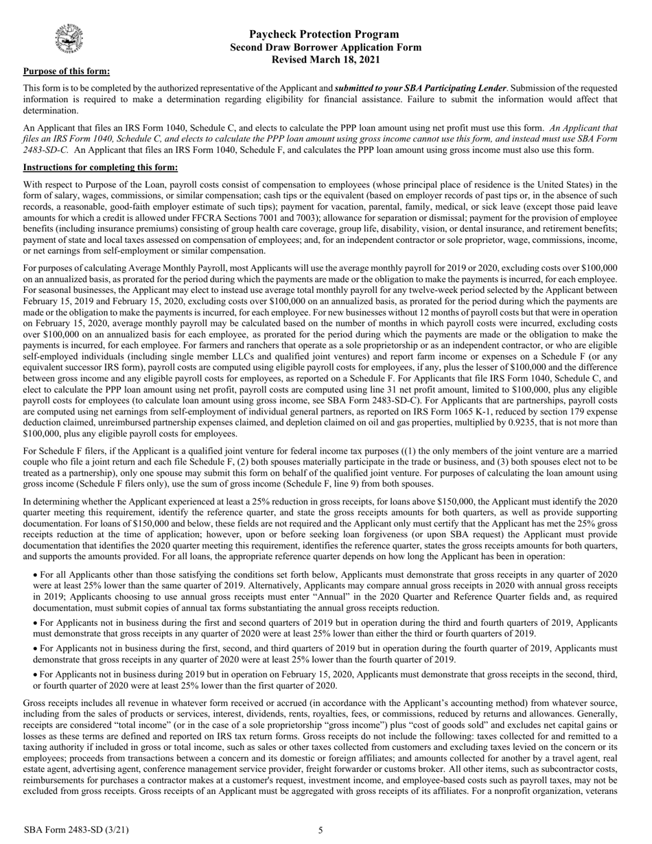 SBA Form 2483-SD Paycheck Protection Program Second Draw Loan Borrower Application Form, Page 5