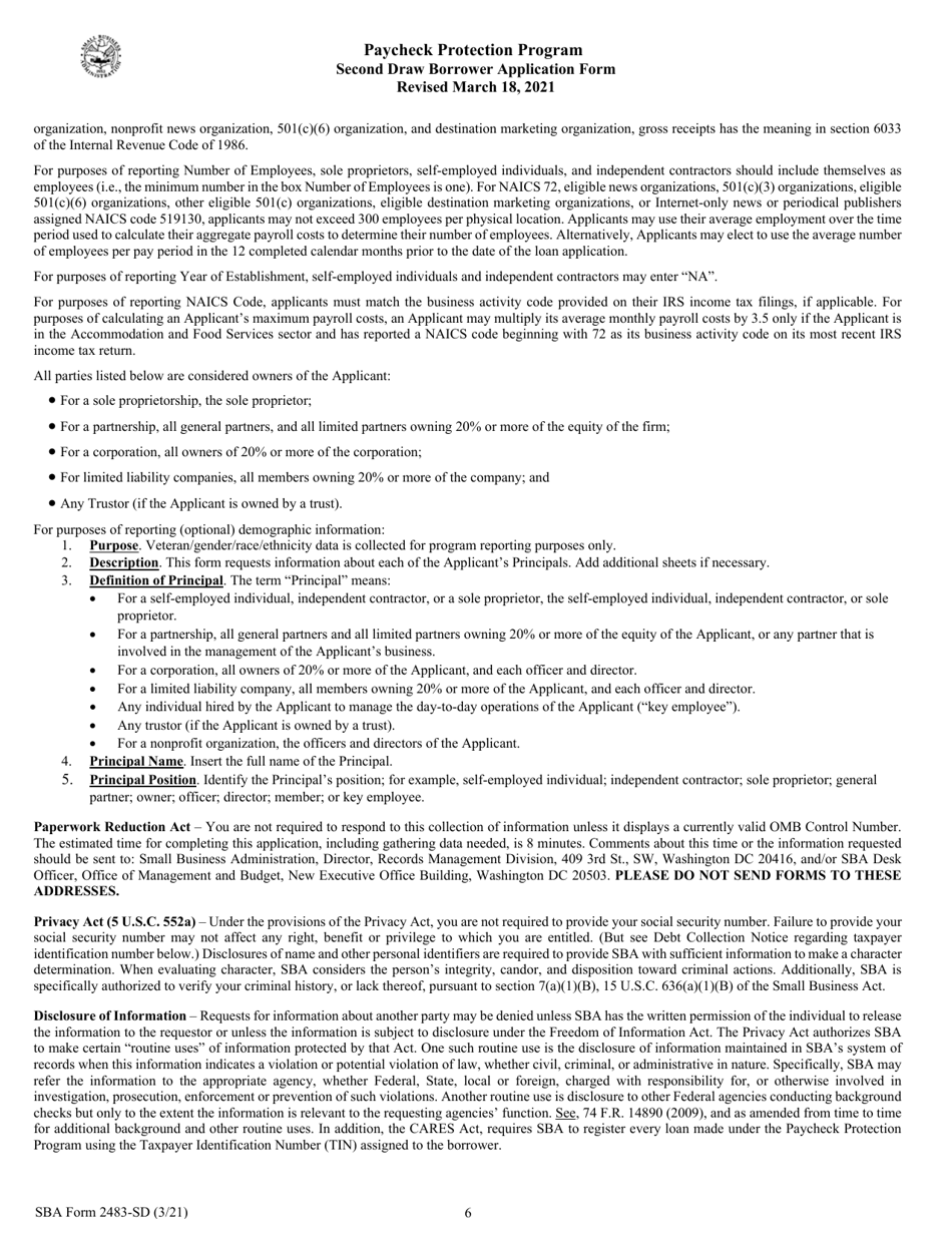 SBA Form 2483-SD Paycheck Protection Program Second Draw Loan Borrower Application Form, Page 6