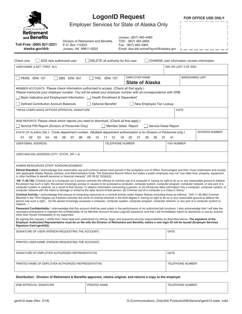 Form GEN012 STATE Download Fillable PDF or Fill Online Logonid Request ...