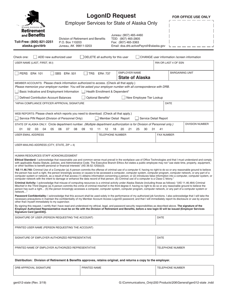 Form GEN012 STATE Logonid Request - Employer Services for State of Alaska Only - Alaska, Page 1