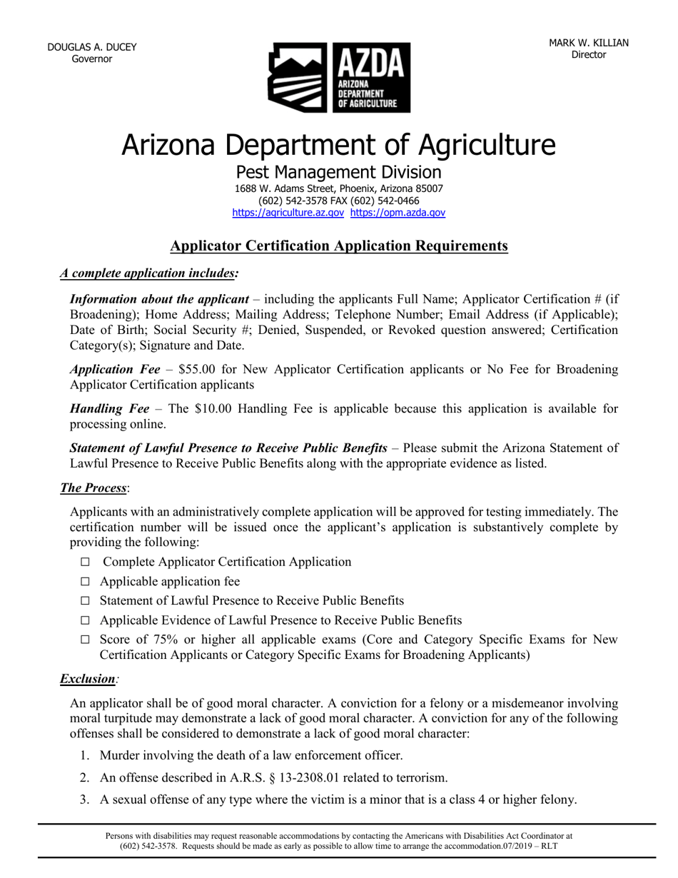 Applicator Certification Application - Arizona, Page 1