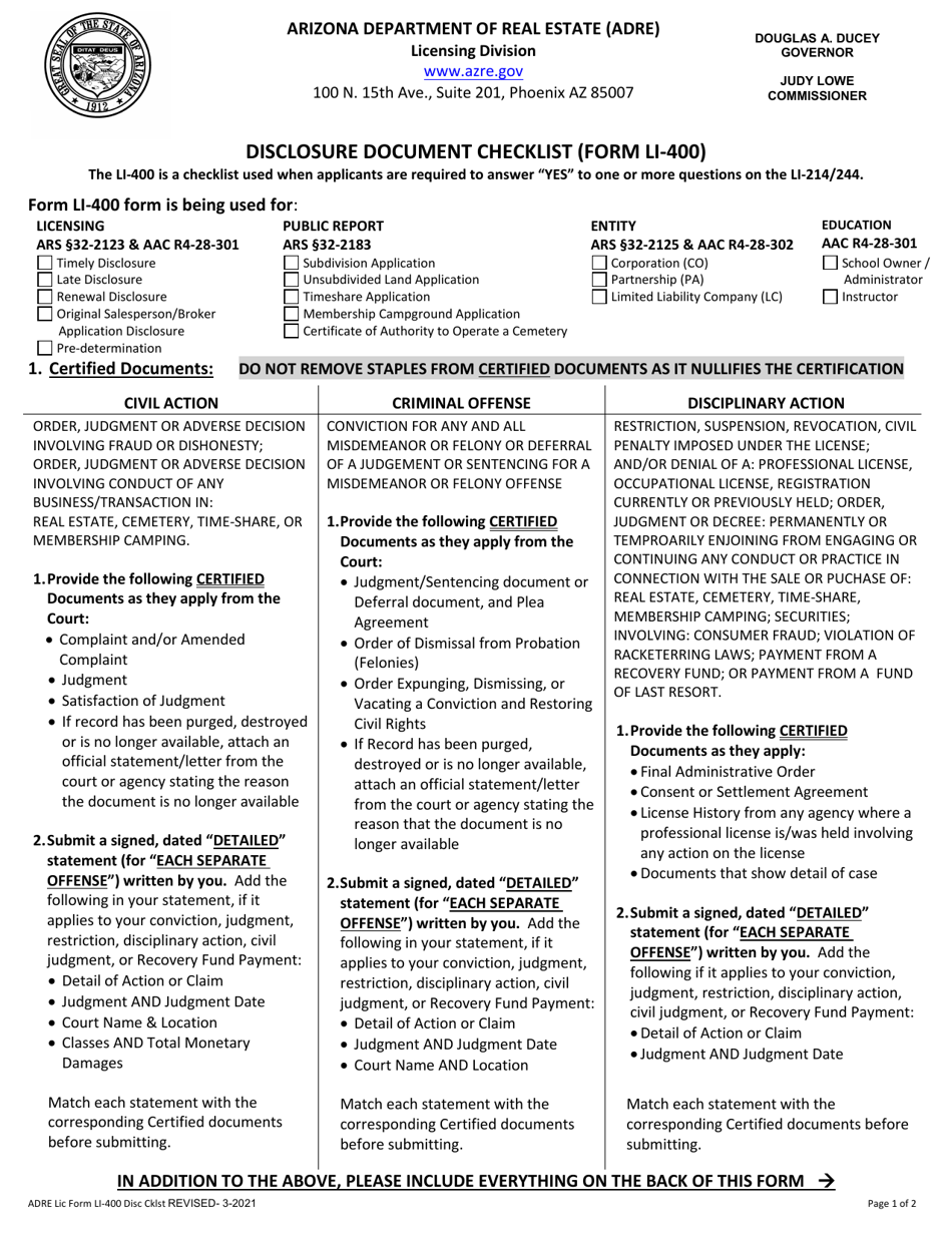 Form LI-400 Disclosure Document Checklist - Arizona, Page 1