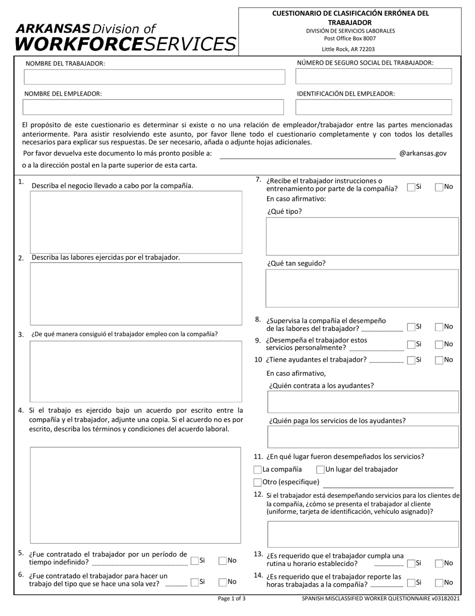 Cuestionario De Clasificacion Erronea Del Trabajador - Arkansas (Spanish), Page 1