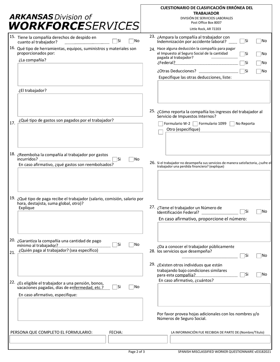 Cuestionario De Clasificacion Erronea Del Trabajador - Arkansas (Spanish), Page 2