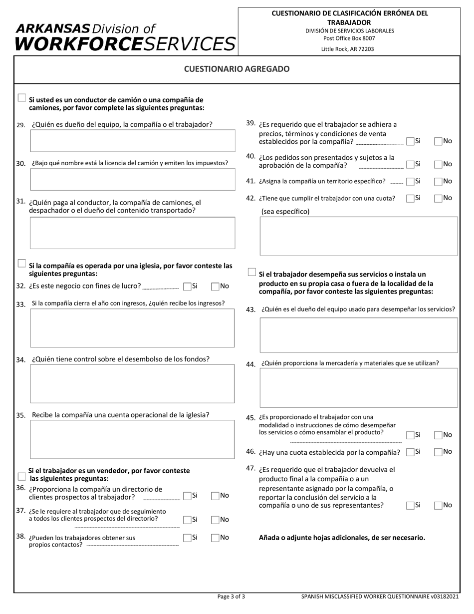 Cuestionario De Clasificacion Erronea Del Trabajador - Arkansas (Spanish), Page 3