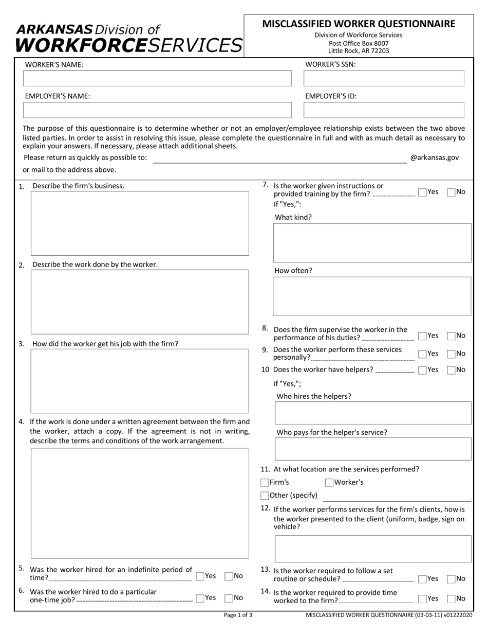 Misclassified Worker Questionnaire - Arkansas, Page 1