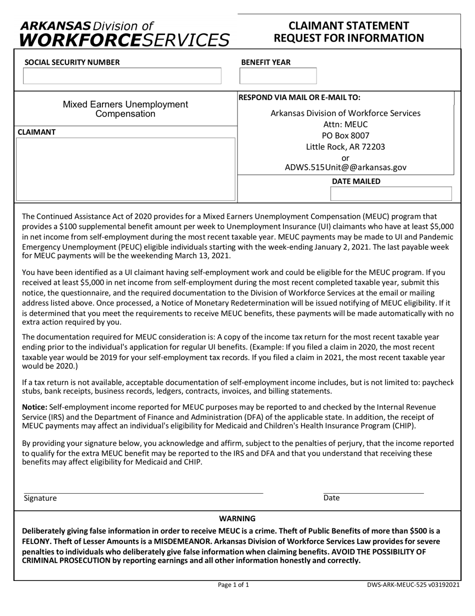 Form DWS-ARK-MEUC-525 Claimant Statement Request for Information - Arkansas, Page 1