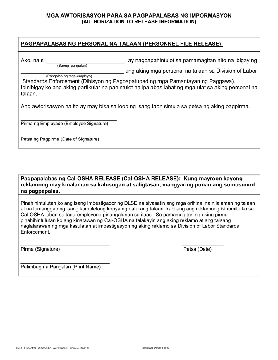 Form RCI1 Retaliation Complaint - California (Tagalog), Page 4