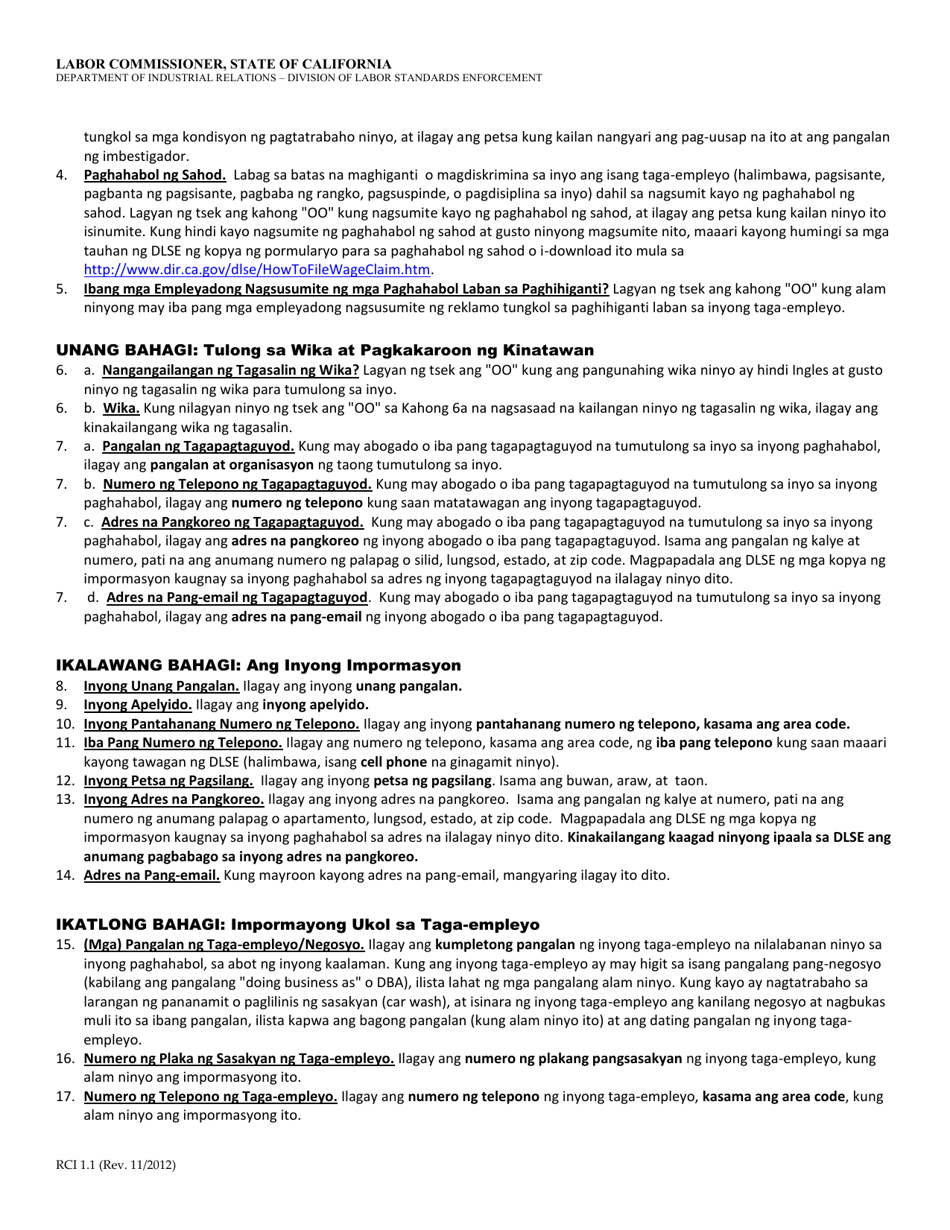 Form RCI1 Retaliation Complaint - California (Tagalog), Page 6