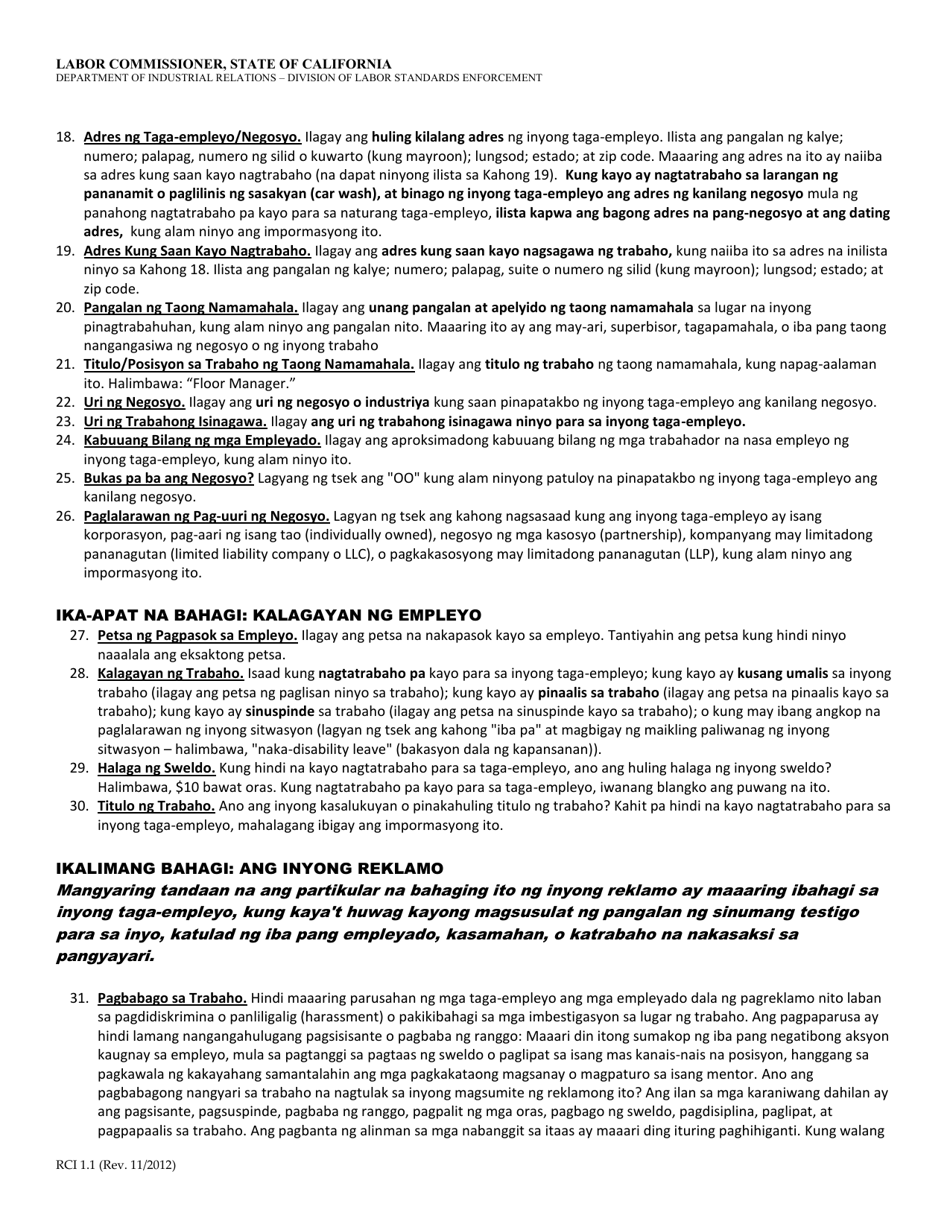 Form RCI1 Retaliation Complaint - California (Tagalog), Page 7