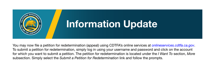 Form CDTFA-416 &quot;Petition for Redetermination&quot; - California