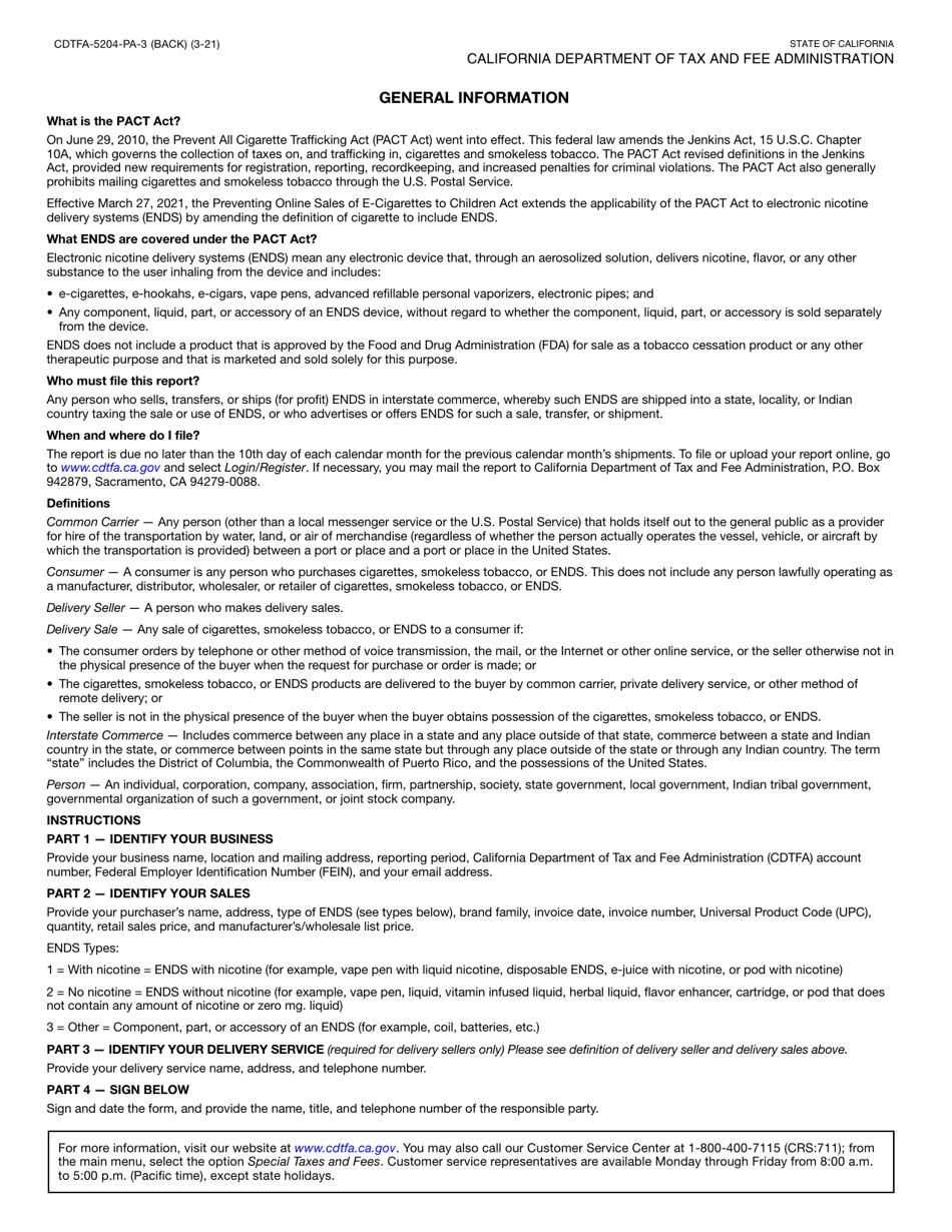 Form CDTFA-5204-PA-3 California Electronic Nicotine Delivery Systems (Ends) Pact Act Report - California, Page 2