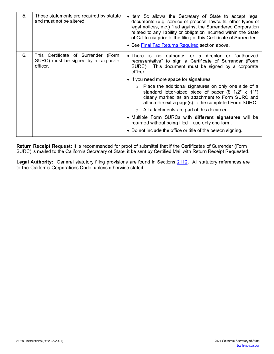 Form SURC Certificate of Surrender - Foreign Qualified Corporation Only - California, Page 4