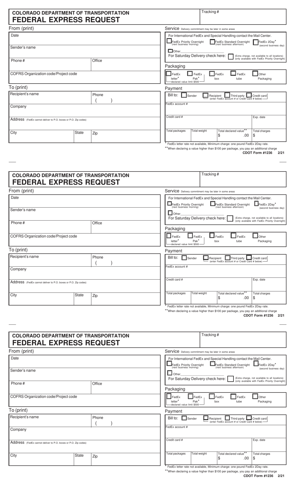 CDOT Form 1236 Federal Express Request - Colorado, Page 1