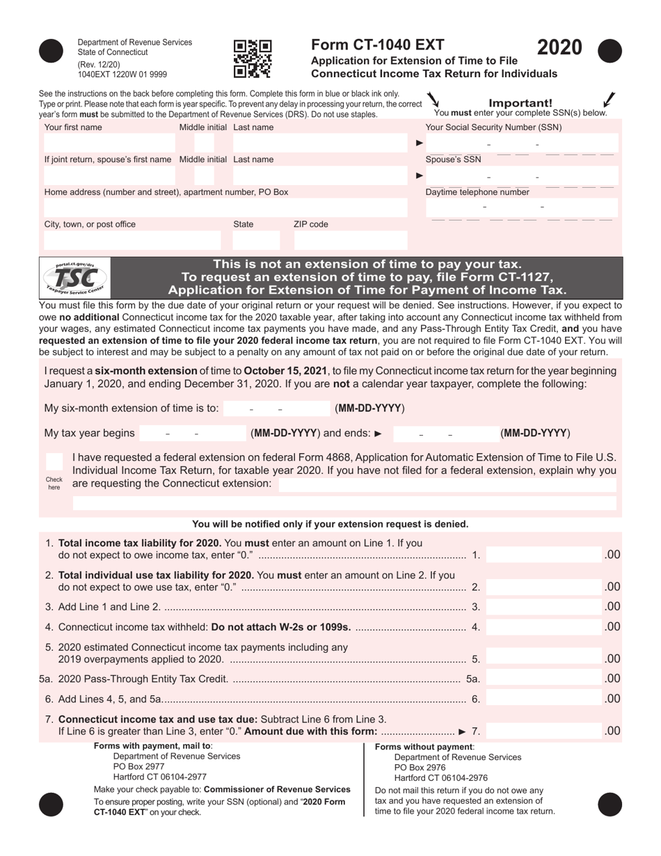 Form CT-1040 EXT Application for Extension of Time to File Connecticut Income Tax Return for Individuals - Connecticut, Page 1
