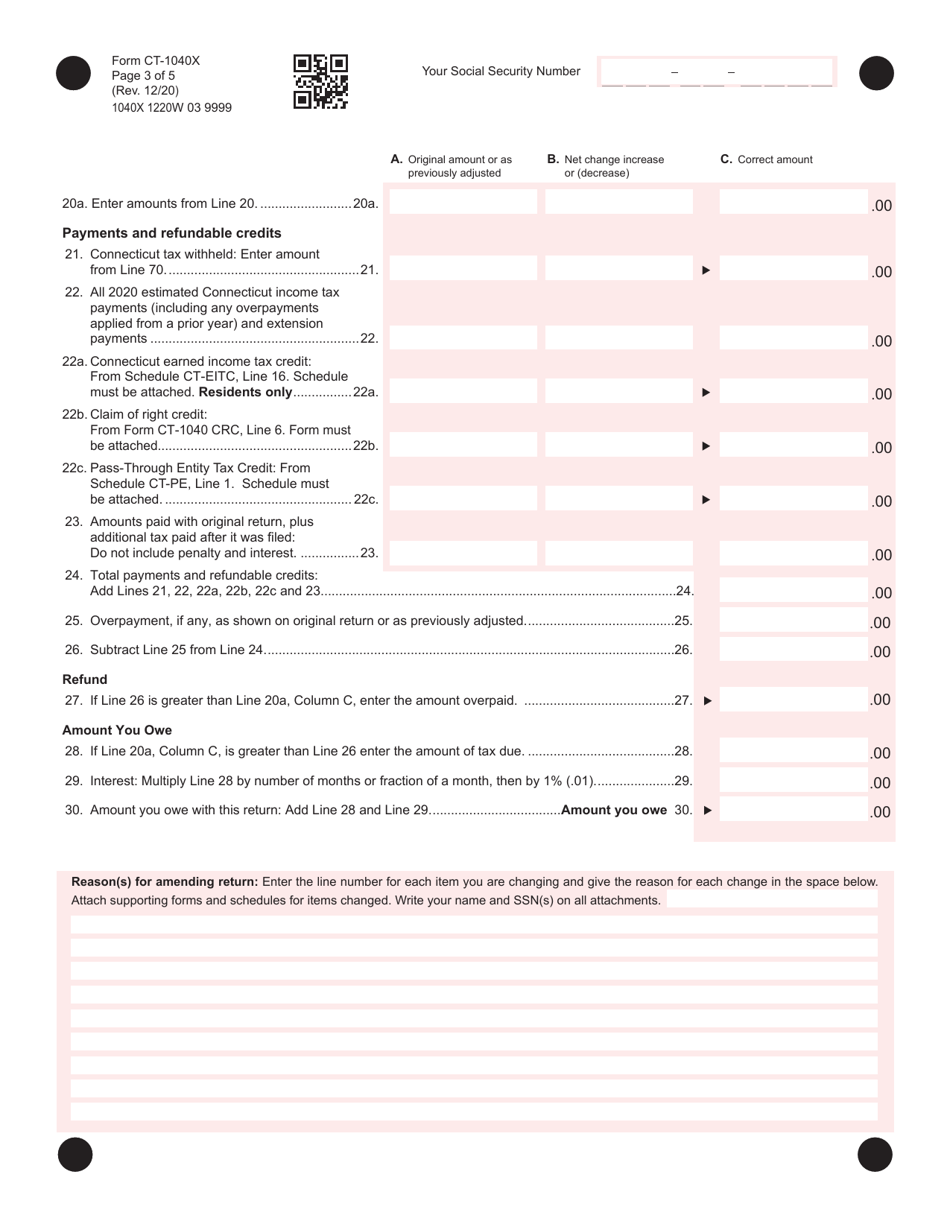 Form CT-1040X Amended Connecticut Income Tax Return for Individuals - Connecticut, Page 3