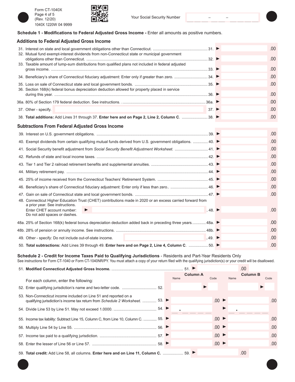 Form CT-1040X Amended Connecticut Income Tax Return for Individuals - Connecticut, Page 4