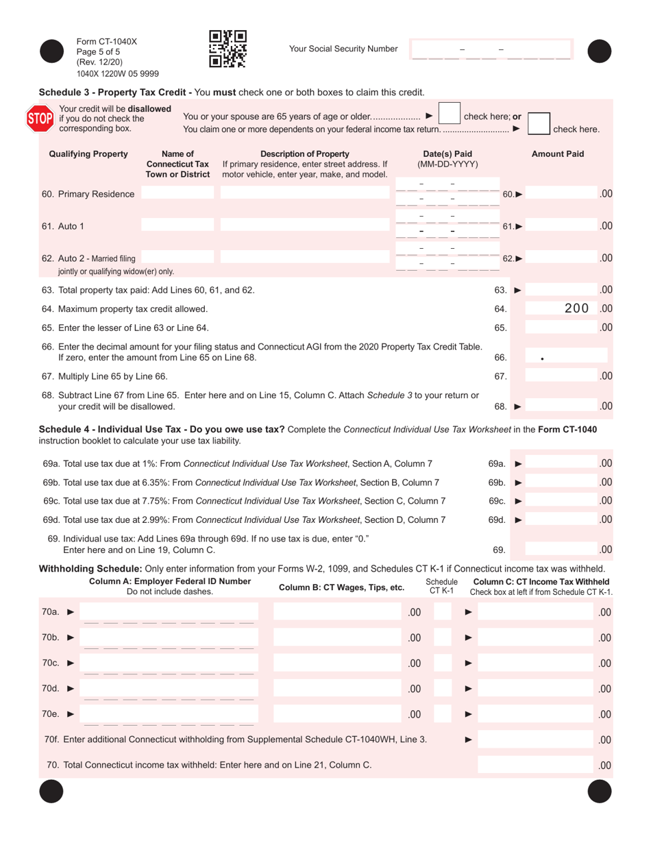 Form CT-1040X Amended Connecticut Income Tax Return for Individuals - Connecticut, Page 5