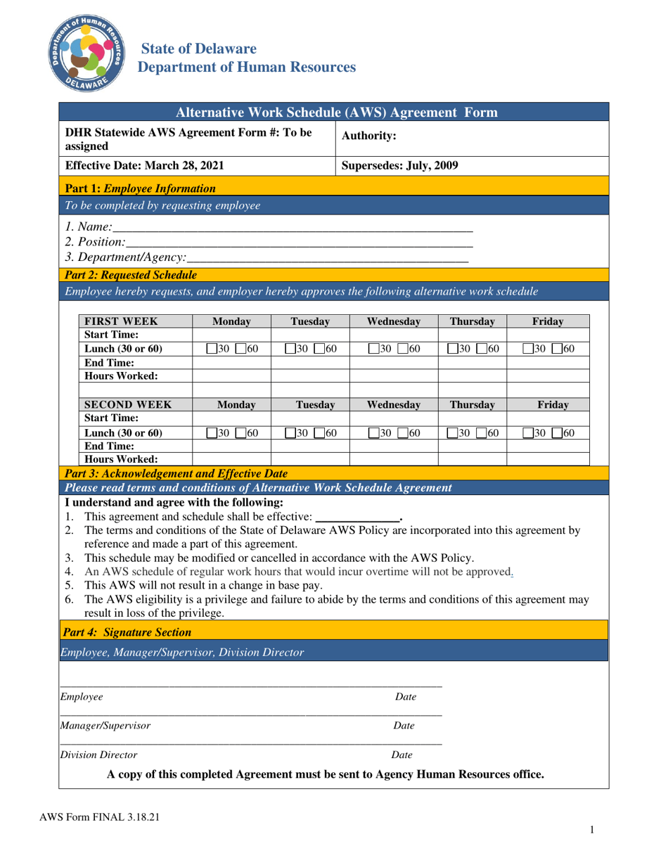 Alternative Work Schedule (Aws) Agreement Form - Delaware, Page 1