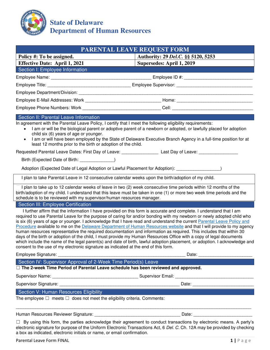 Parental Leave Request Form - Delaware, Page 1