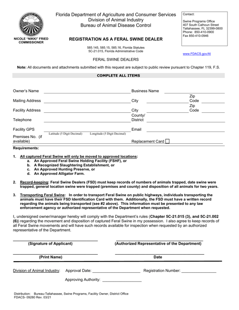 Form FDACS-09280 Registration as a Feral Swine Dealer - Florida