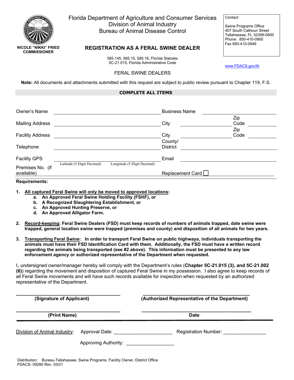 Form FDACS-09280 Registration as a Feral Swine Dealer - Florida, Page 1