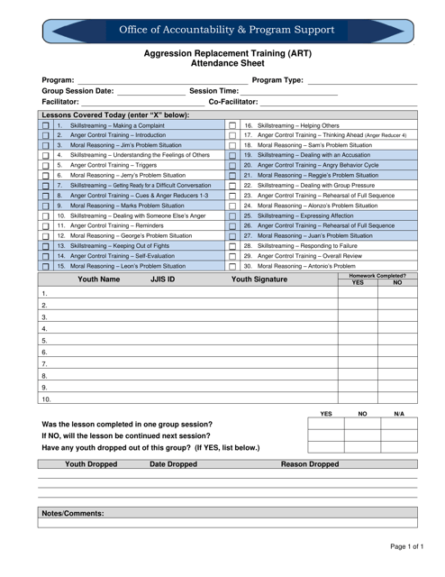 Aggression Replacement Training (Art) Attendance Sheet - Florida Download Pdf