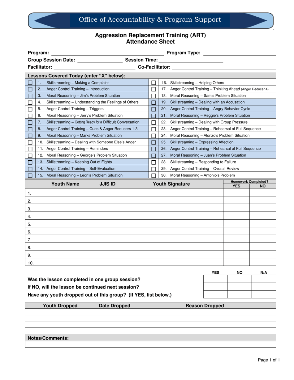Aggression Replacement Training (Art) Attendance Sheet - Florida, Page 1