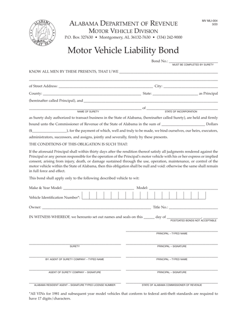 Form MV MLI-004 Motor Vehicle Liability Bond - Alabama