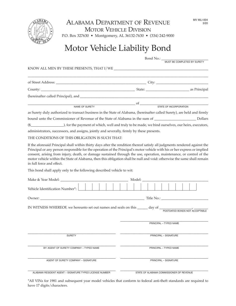 Form MV MLI-004 Motor Vehicle Liability Bond - Alabama, Page 1