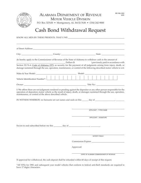 Form MV MLI-003 Cash Bond Withdrawal Request - Alabama