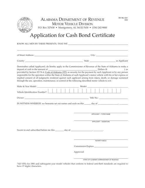 Form MV MLI-001 Application for Cash Bond Certificate - Alabama