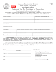 Form ST: EX-A2 Application for Certificate of Exemption for an Industrial or Research Enterprise Project - Alabama