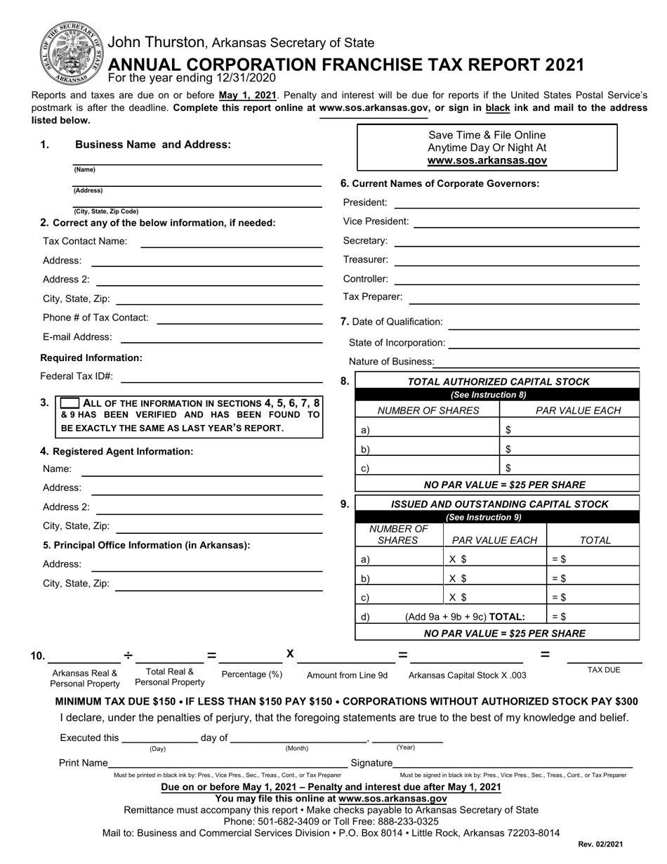 2021 Arkansas Annual Corporation Franchise Tax Report Fill Out, Sign