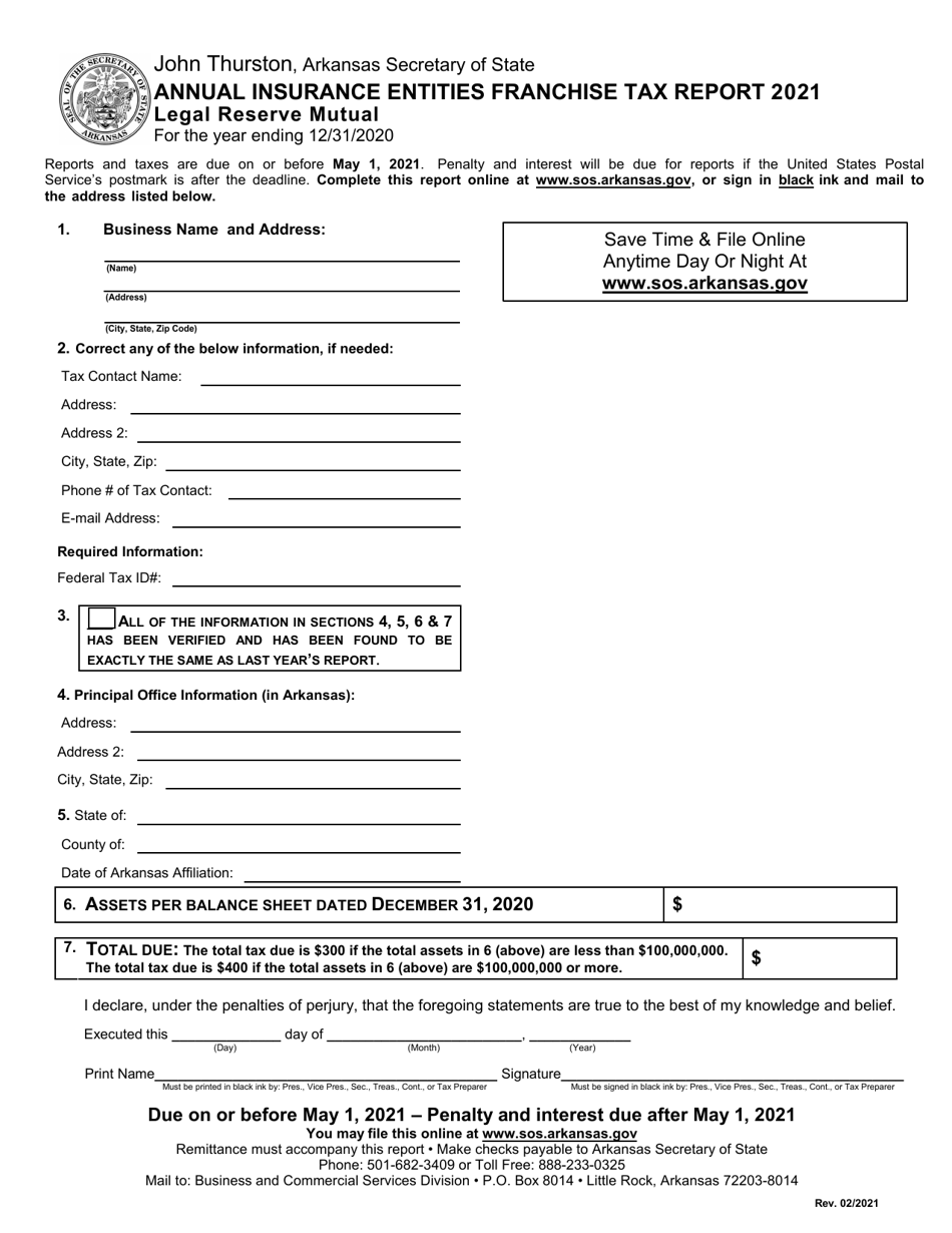 2021 Arkansas Annual Insurance Entities Franchise Tax Report Legal