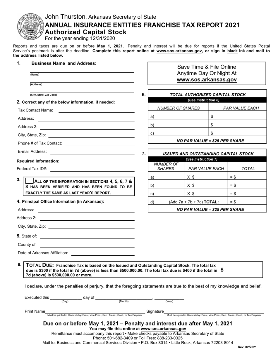 2021 Arkansas Annual Insurance Entities Franchise Tax Report