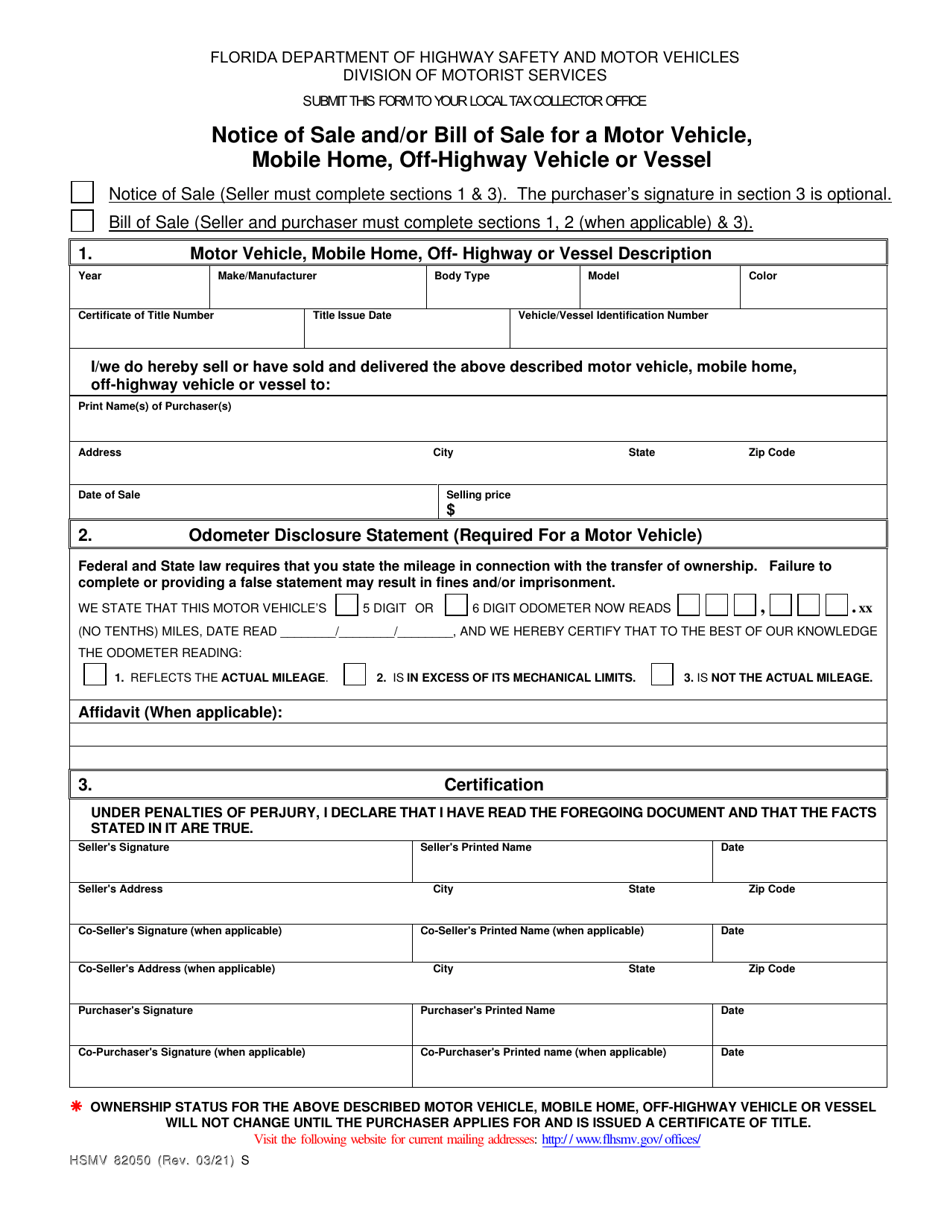 Form HSMV82050 Notice of Sale and/or Bill of Sale for a Motor Vehicle, Mobile Home, Off-Highway Vehicle or Vessel - Florida, Page 1