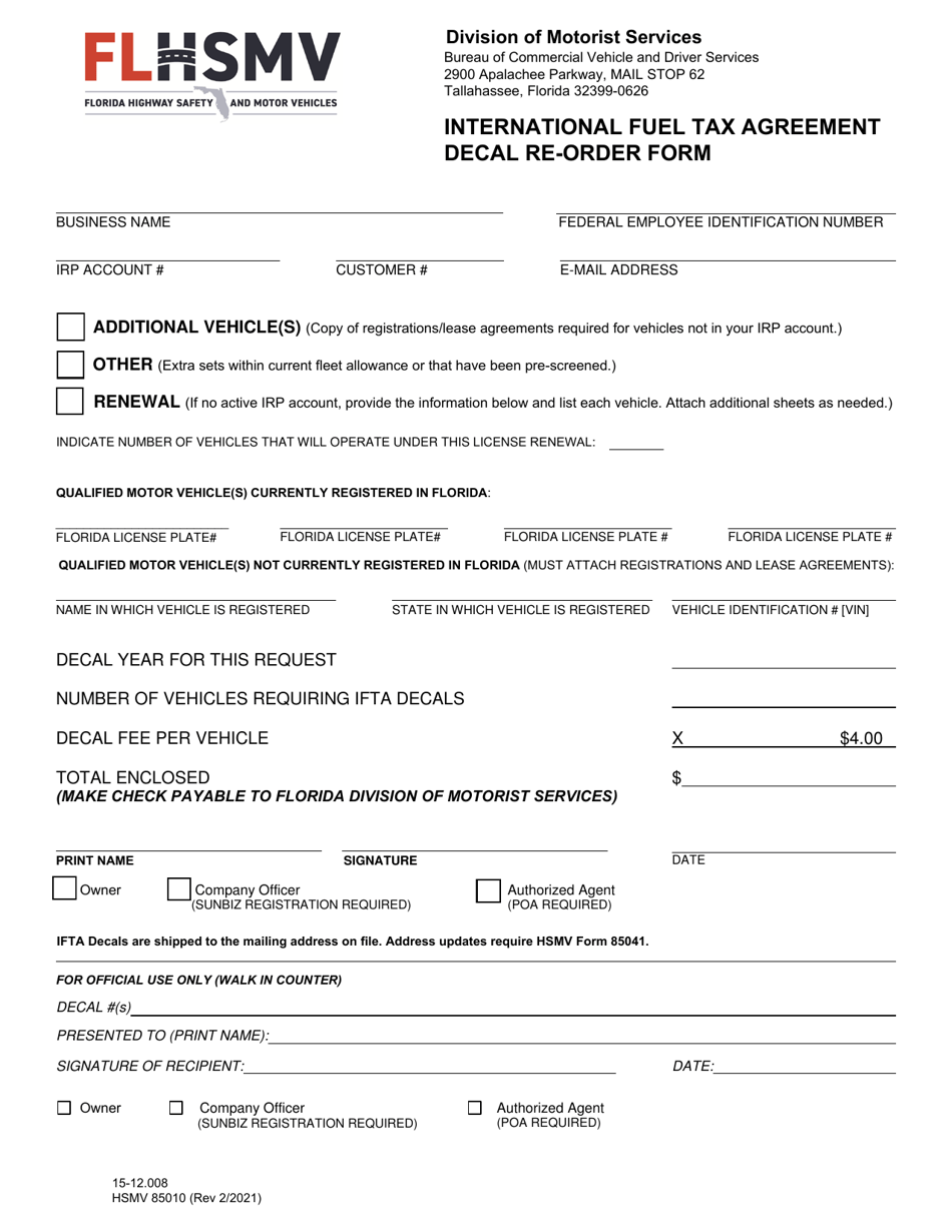 Form HSMV85010 International Fuel Tax Agreement Decal Re-order Form - Florida, Page 1