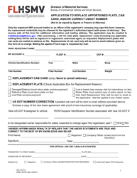 Form HSMV85100 Application to Replace Apportioned Plate, Cab Card, and/or Correct Usdot Number - Florida
